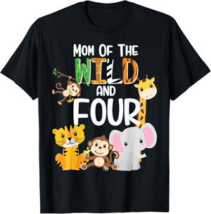Mom of the Wild and Four Zoo Theme Birthday Safari Jungle T-Shirt - T-Shirt | Black