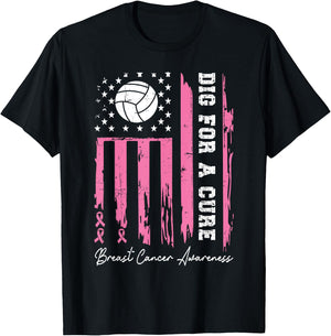 Dig For A Cure Breast Cancer Awareness Ribbon Volleyball T-Shirt - T-Shirt | Black