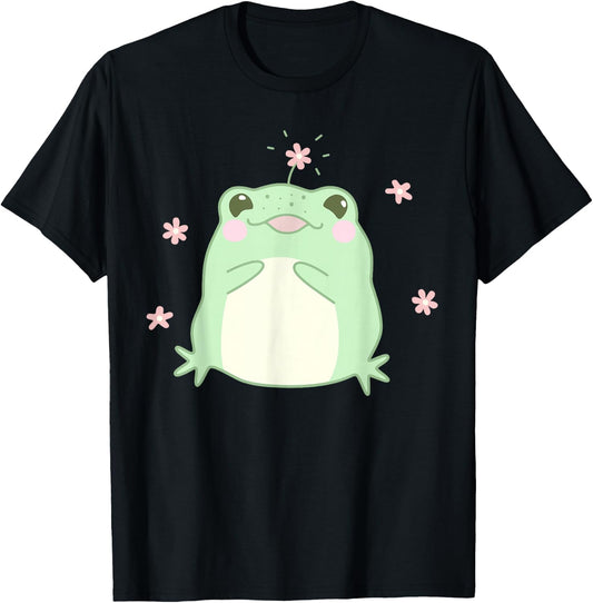 Cute Happy Frog Teen Girl Women Cottagecore Aesthetic Kawaii T-Shirt - T-Shirt | Black