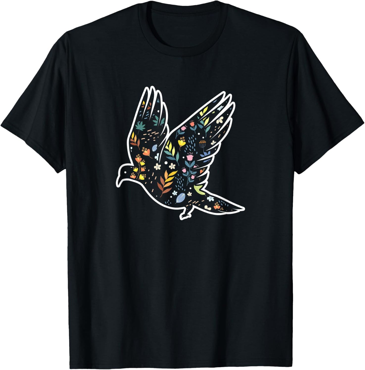 Floral Pattern Pigeon T-Shirt - T-Shirt | Black
