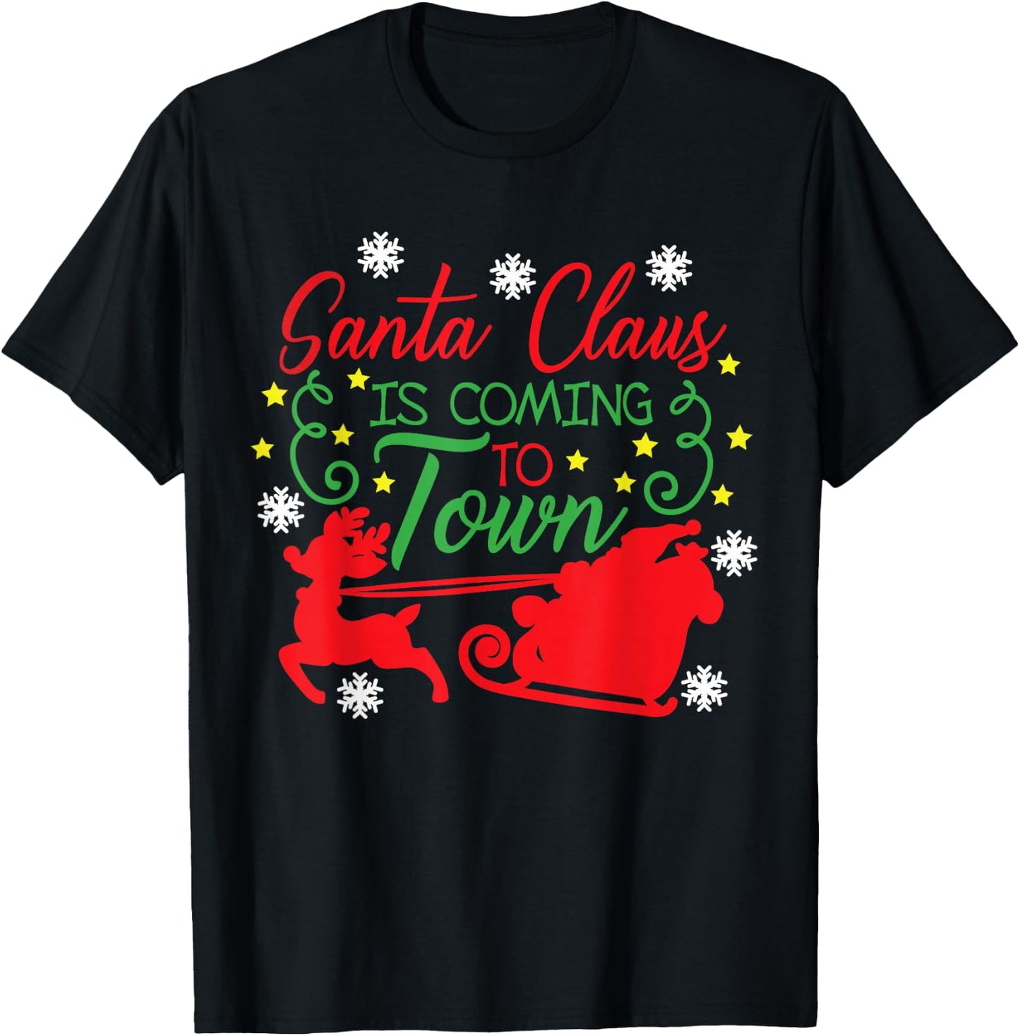 Santa Claus Is Coming To Town Flying Reindeer Snowflakes T-Shirt - T-Shirt | Black