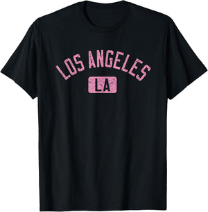 Los Angeles LA Arched Text Distressed Pink Print T-Shirt - T-Shirt | Black