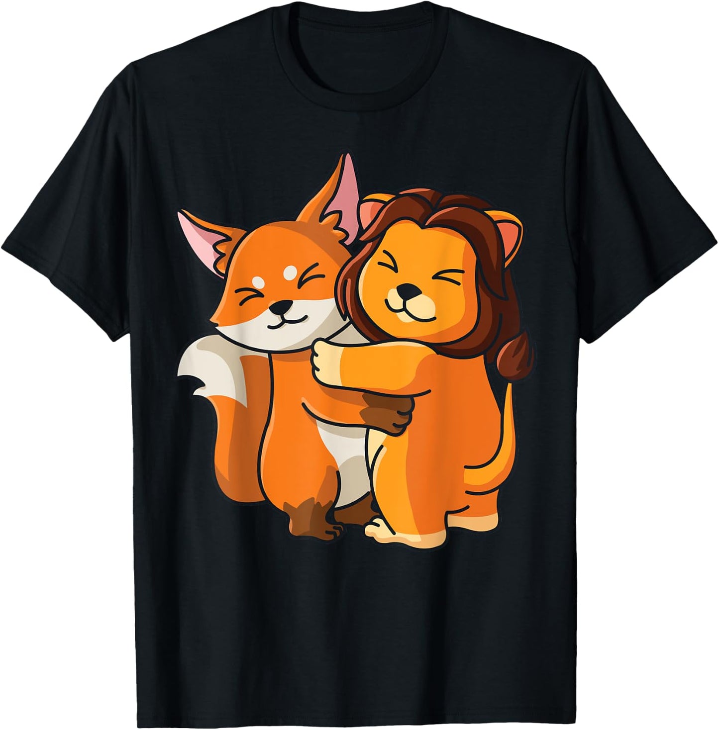Fox and Lion cute Hug Cuddle Animals Lions plus Foxes T-Shirt - T-Shirt | Black