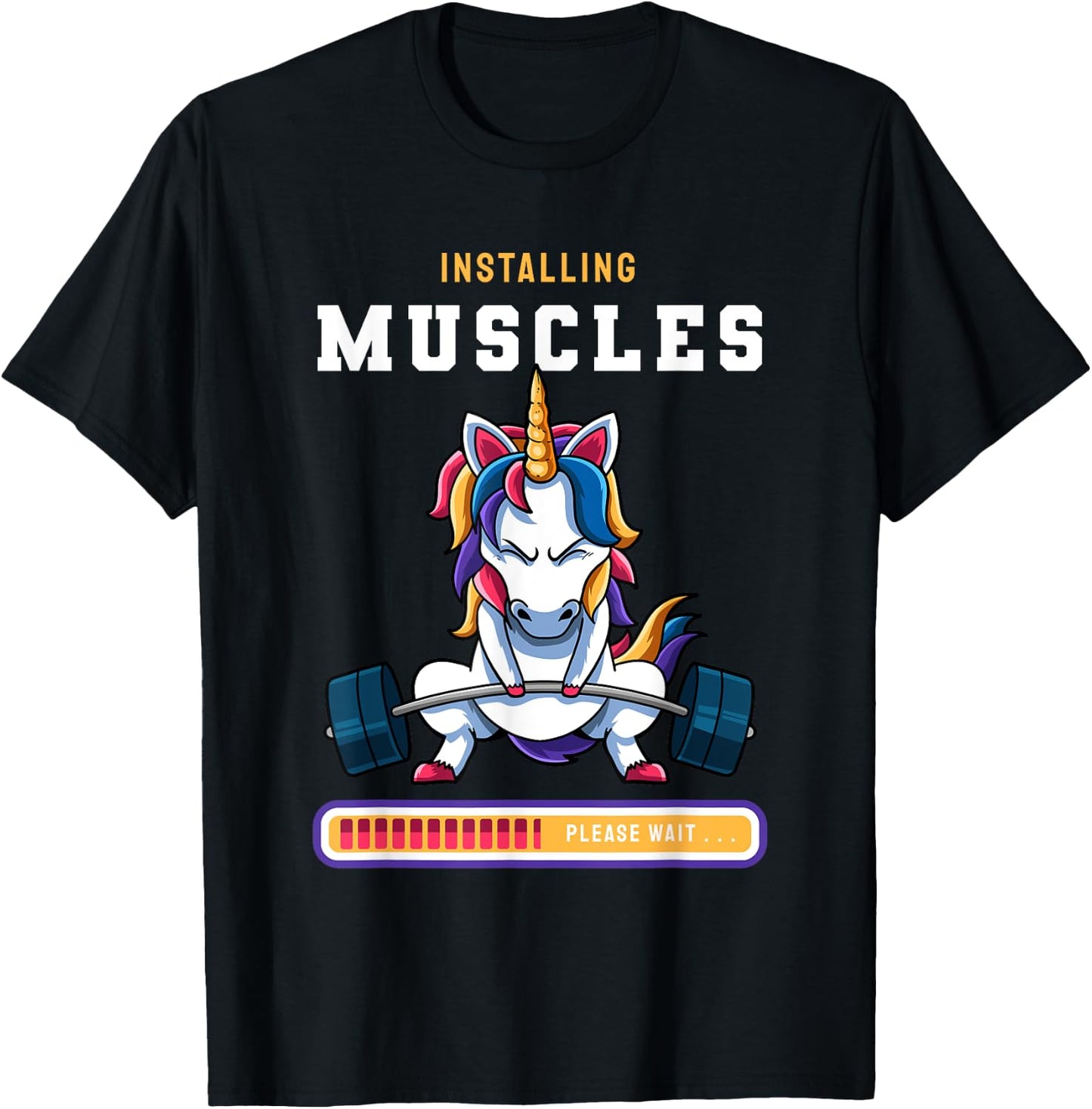 Funny Magical Unicorn Lifting Installing Muscles Loading App T-Shirt - T-Shirt | Black
