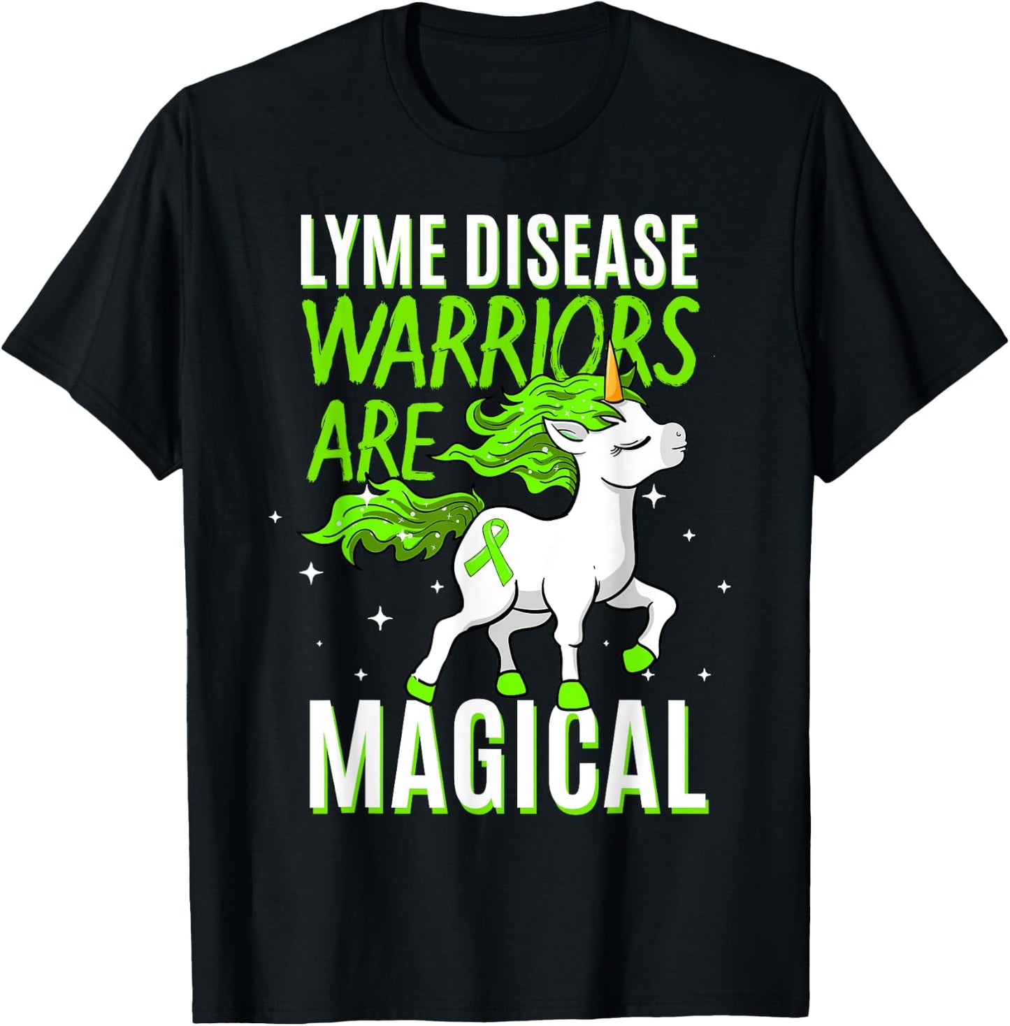 Lyme Disease Warrior Magical Unicorn Ticks Green Ribbon Gift T-Shirt - T-Shirt | Black