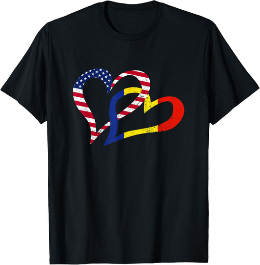 Cool Romania USA Flag Heart Romanian Americans Pride Print T-Shirt - T-Shirt | Black