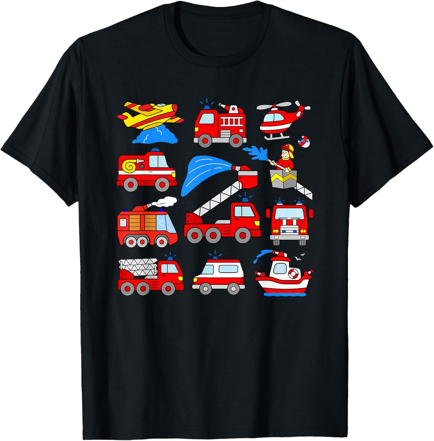 Firetrucks Toddler Rescue Vehicles Fireman Trucks Boat Plane T-Shirt - T-Shirt | Black