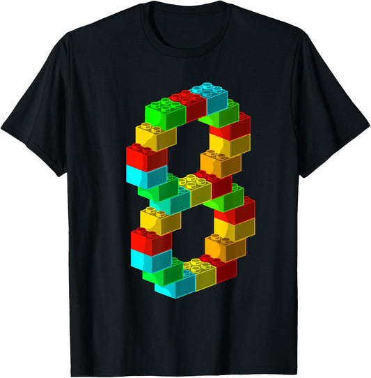 Cute Block Building 8th Birthday Gift 8 Years Old Boys Girls T-Shirt - T-Shirt | Black