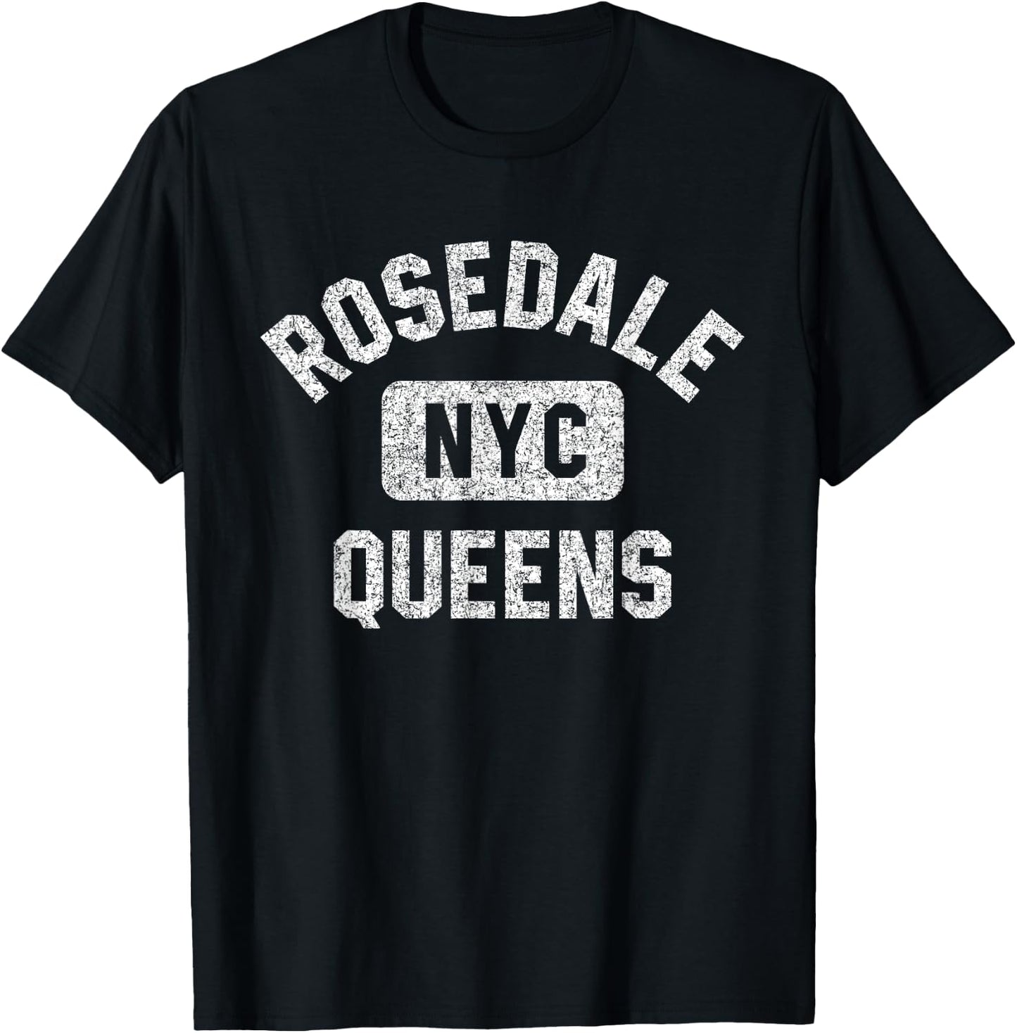 Rosedale Queens NYC Gym Style Distressed White Print T-Shirt - T-Shirt | Black