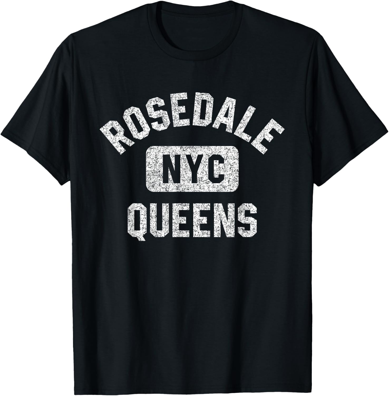 Rosedale Queens NYC Gym Style Distressed White Print T-Shirt - T-Shirt | Black