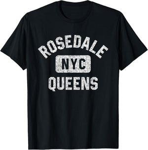 Rosedale Queens NYC Gym Style Distressed White Print T-Shirt - T-Shirt | Black