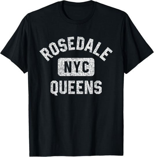 Rosedale Queens NYC Gym Style Distressed White Print T-Shirt - T-Shirt | Black
