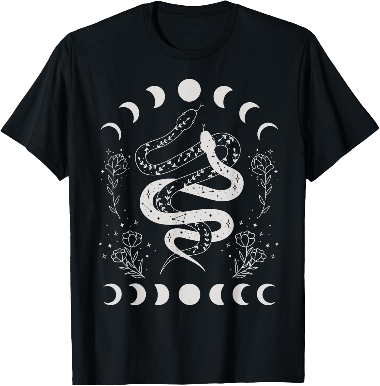 Snake And Moon Phases Celestial Floral Witchy Halloween T-Shirt - T-Shirt | Black