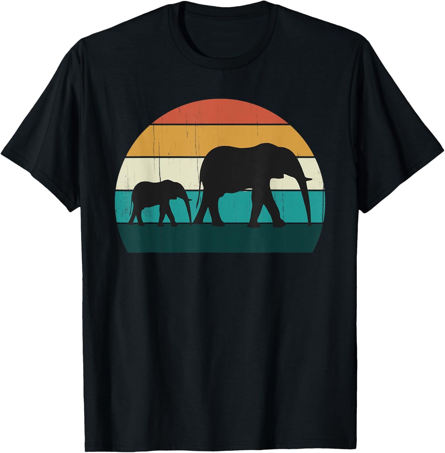 Retro Elephant & Baby - Vintage Sunset African Land Mammals T-Shirt - T-Shirt | Black