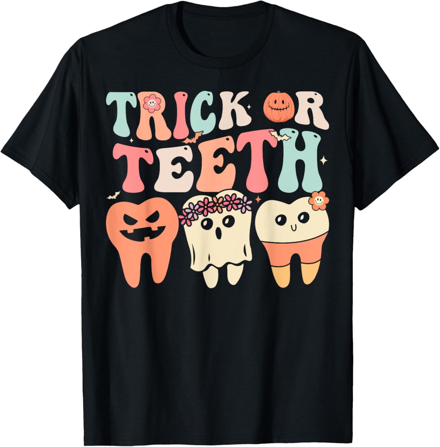 Retro Groovy Trick Or Teeth Dental Halloween Dentist T-Shirt - T-Shirt | Black