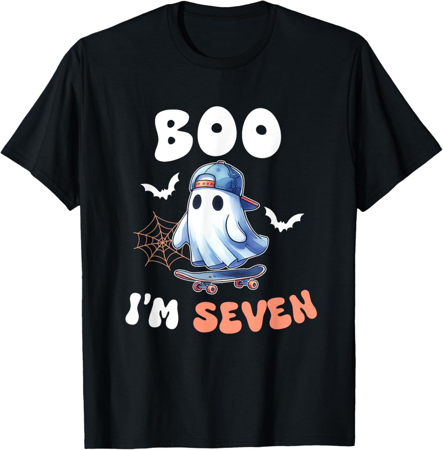 Boo I'm Seven Ghost Skateboard 7th Birthday Halloween Boys T-Shirt - T-Shirt | Black