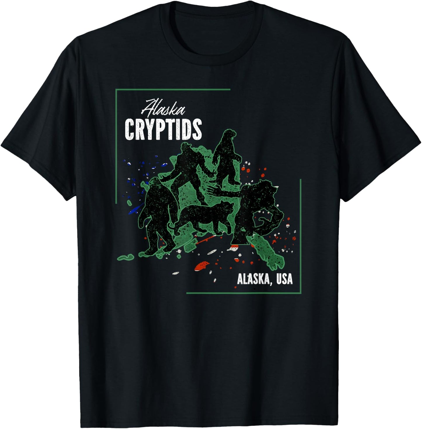 Cryptid Map of Alaska - The Otterman, Bigfoot, Giant, Tiger T-Shirt - T-Shirt | Black