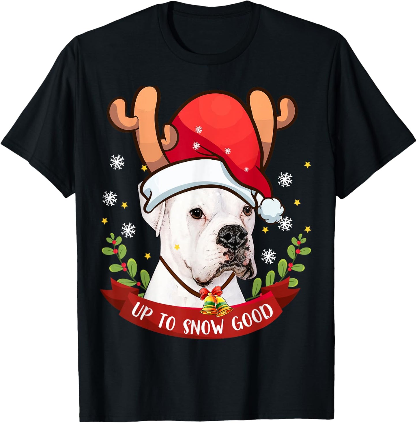White Boxer Dog Reindeer Christmas Gift Boys Girls Kids T-Shirt - T-Shirt | Black