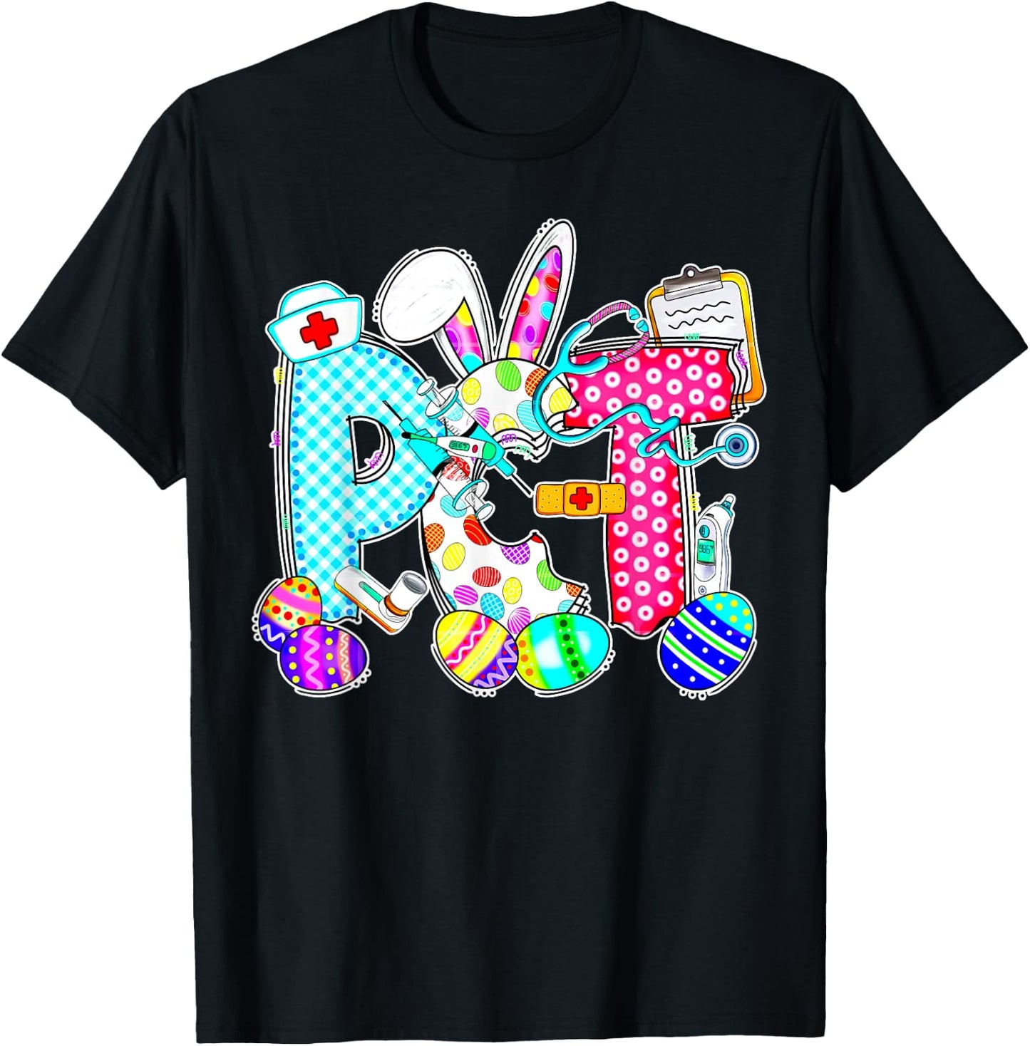 Retro PCT Patient Care Technician Bunny Egg Easter Day Nurse T-Shirt - T-Shirt | Black