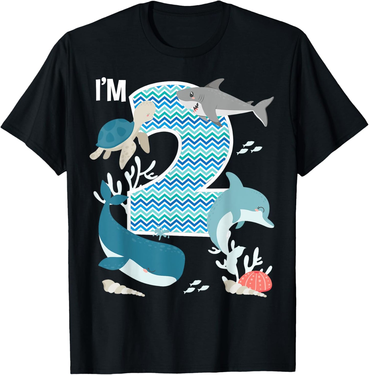 Kids 2 Year Old Ocean Life Whale Dolphin Shark 2nd Birthday T-Shirt - T-Shirt | Black