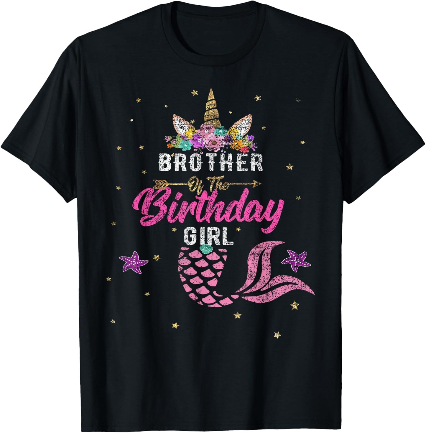 Brother of Birthday Girl Unicorn Shirt Mermaid Gift T-Shirt - T-Shirt | Black