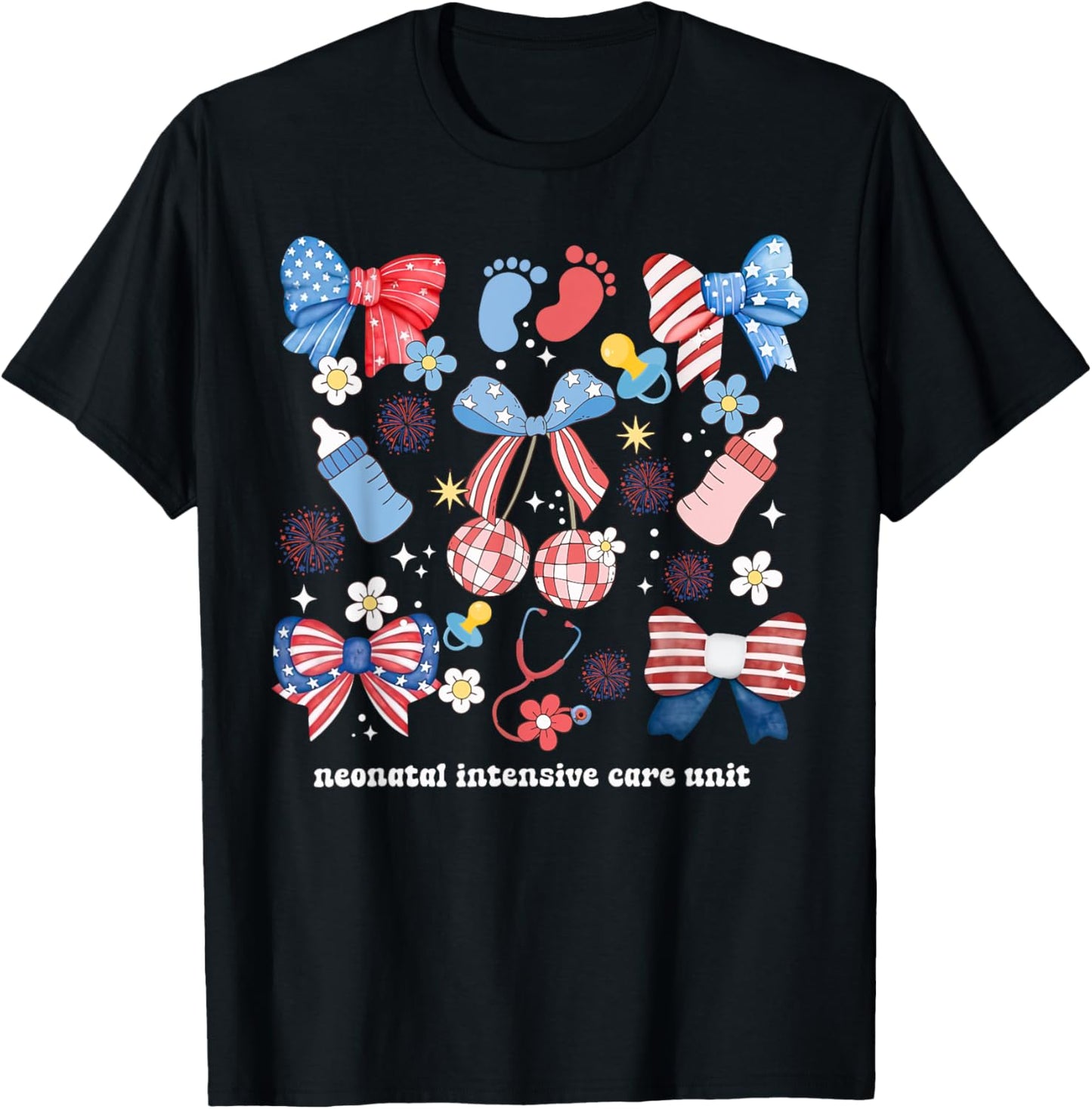 4th of July Neonatal ICU Nurse Coquette Bow NICU Nursing Women Men T-Shirt - T-Shirt | Black