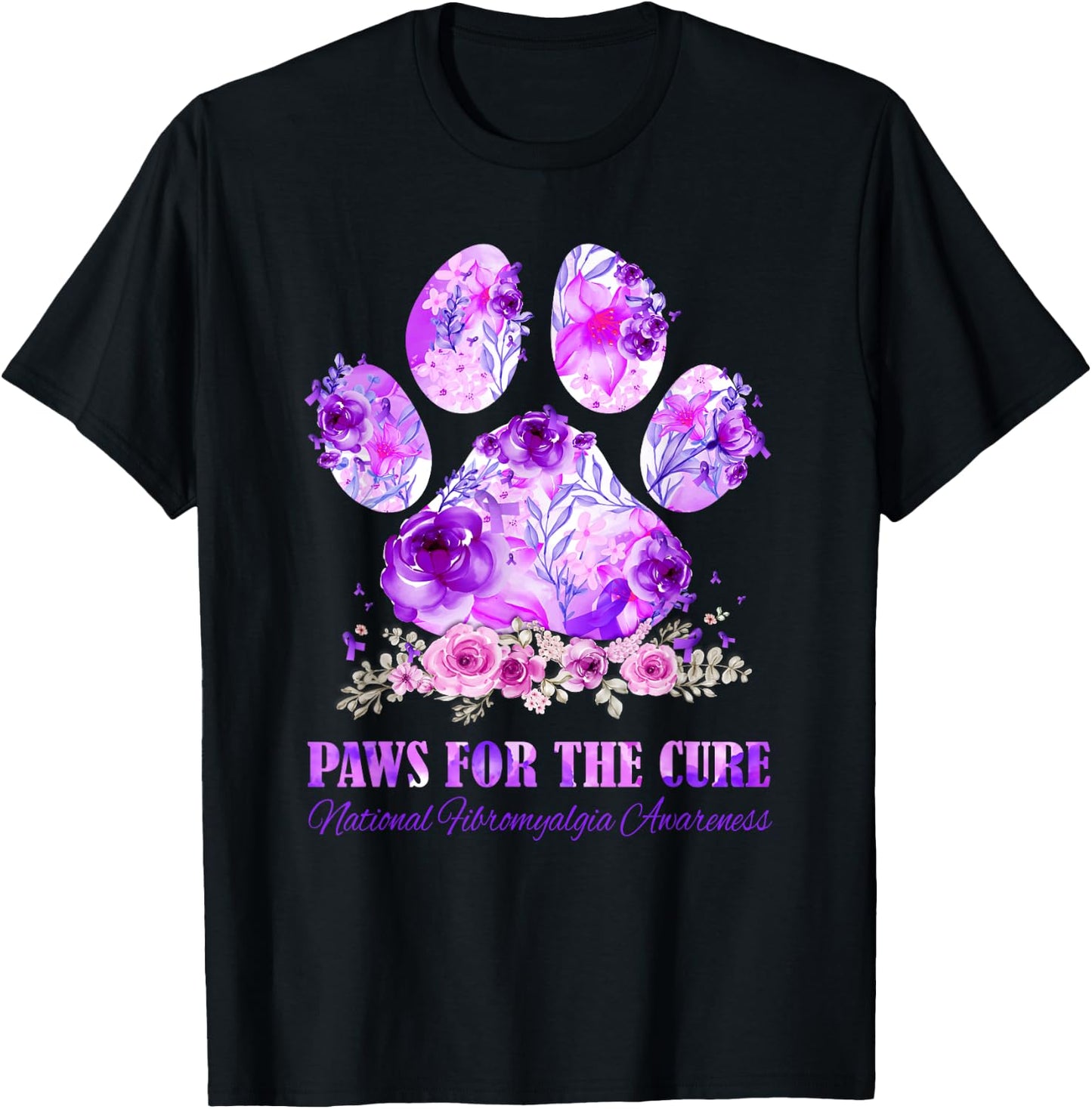 Dog Print Paws For The Cure Fibromyalgia Awareness Month T-Shirt - T-Shirt | Black