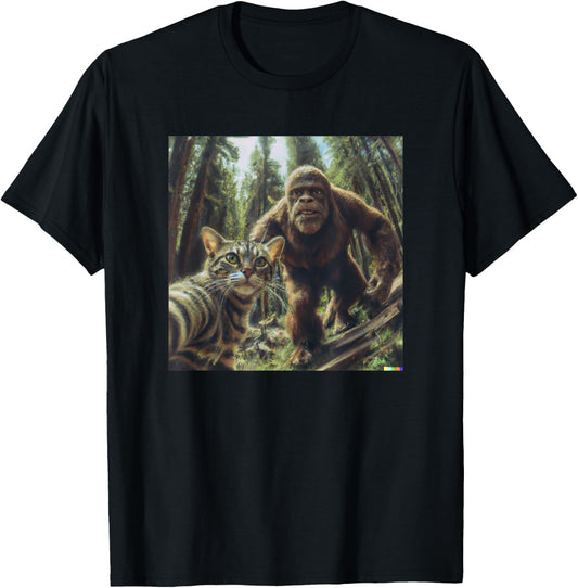 Cat Bigfoot Sasquatch Selfie Photo Funny Retro Classic Humor Men Women Girls Kids T-Shirt - T-Shirt | Black