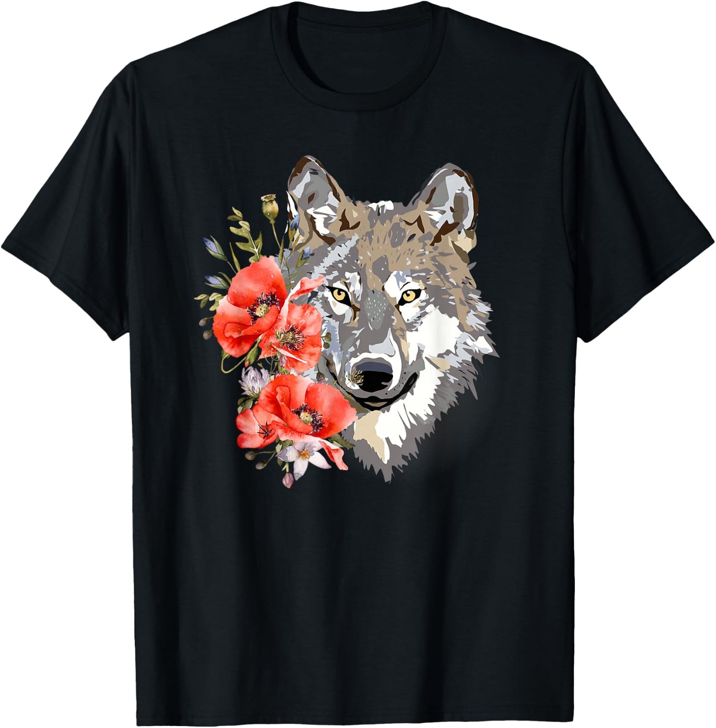 Wolf Cute Floral Graphic Wolves Women Girls T-Shirt - T-Shirt | Black