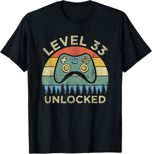 Level 33 Unlocked Video Gamer Retro 33rd Birthday Gift T-Shirt - T-Shirt | Black