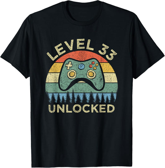 Level 33 Unlocked Video Gamer Retro 33rd Birthday Gift T-Shirt - T-Shirt | Black