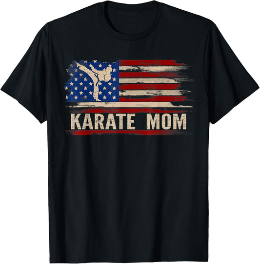 Vintage Karate Mom American USA Flag The Kick Gift T-Shirt - T-Shirt | Black