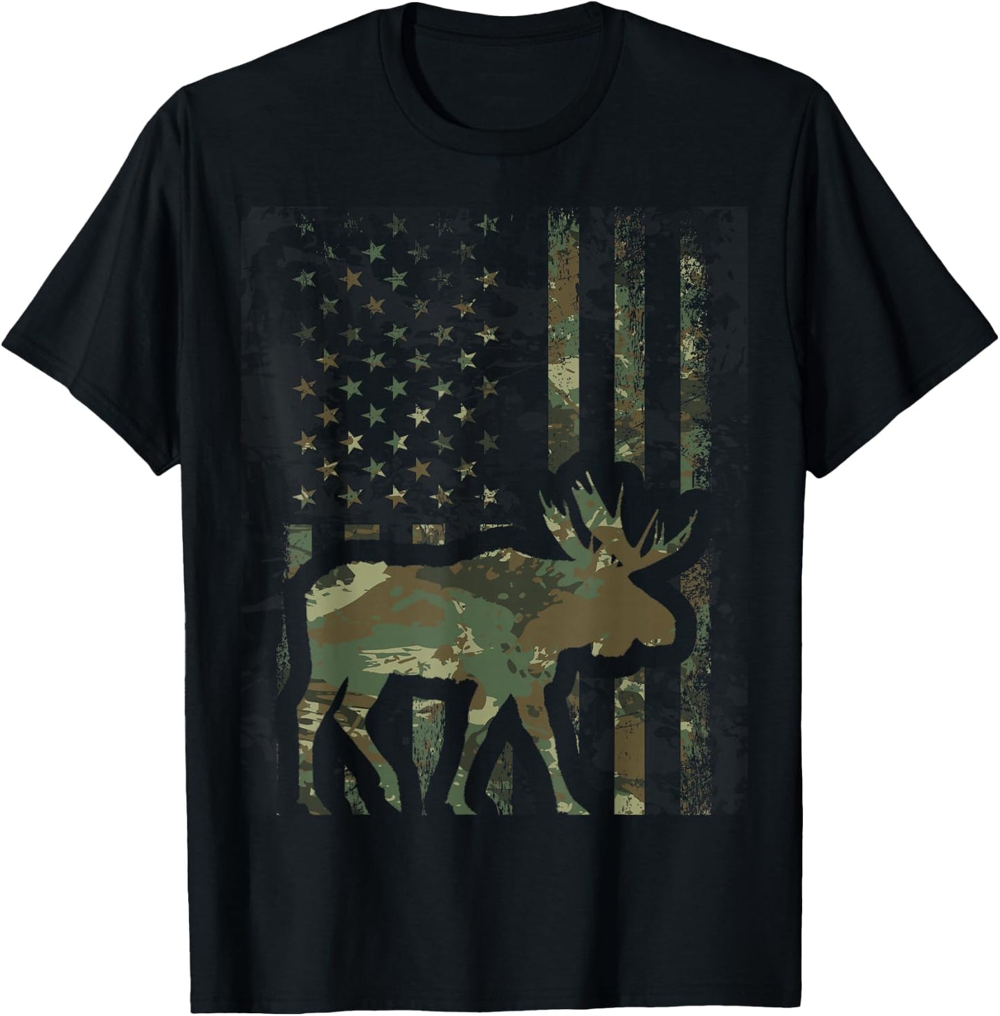 Camo American Flag Moose Hunting Gift Hunter Moose Lover T-Shirt - T-Shirt | Black