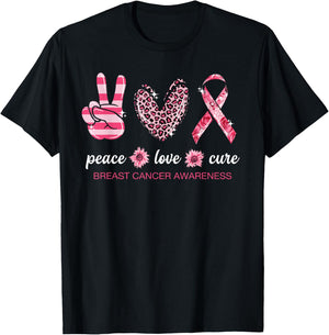 Peace Love Cure Pink Ribbon Breast Cancer Awareness T-Shirt - T-Shirt | Black