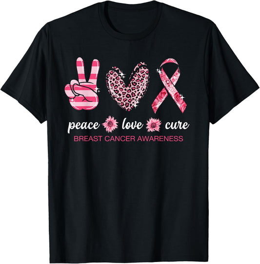 Peace Love Cure Pink Ribbon Breast Cancer Awareness T-Shirt - T-Shirt | Black