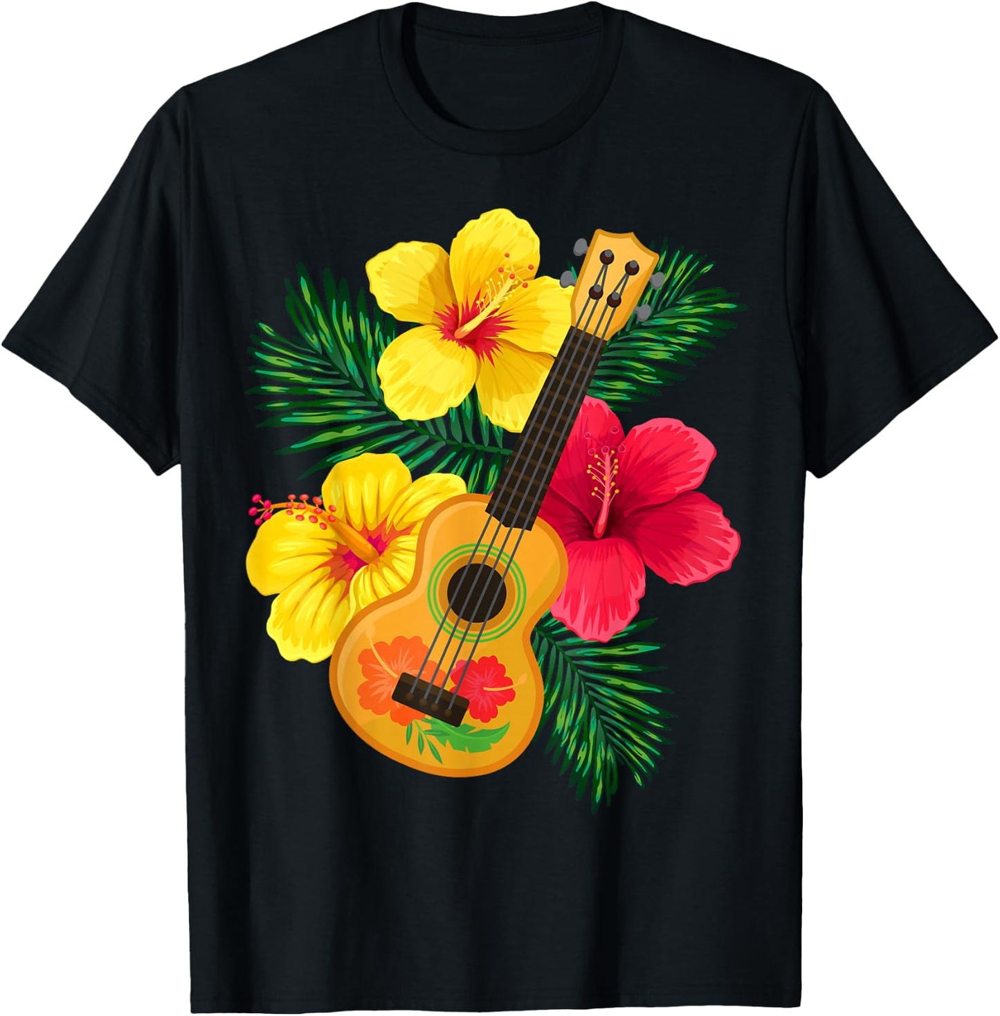 Hawaiian Ukulele Retro Uke Hibiscus T-Shirt - T-Shirt | Black