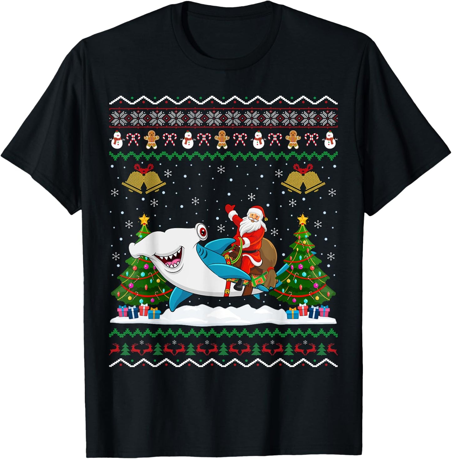 Ugly Hammerhead Shark Xmas Gift Santa Riding Shark Christmas T-Shirt - T-Shirt | Black