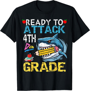 Ready To Attack 4th Grade Funny Shark 4th First Day School T-Shirt - T-Shirt | Black