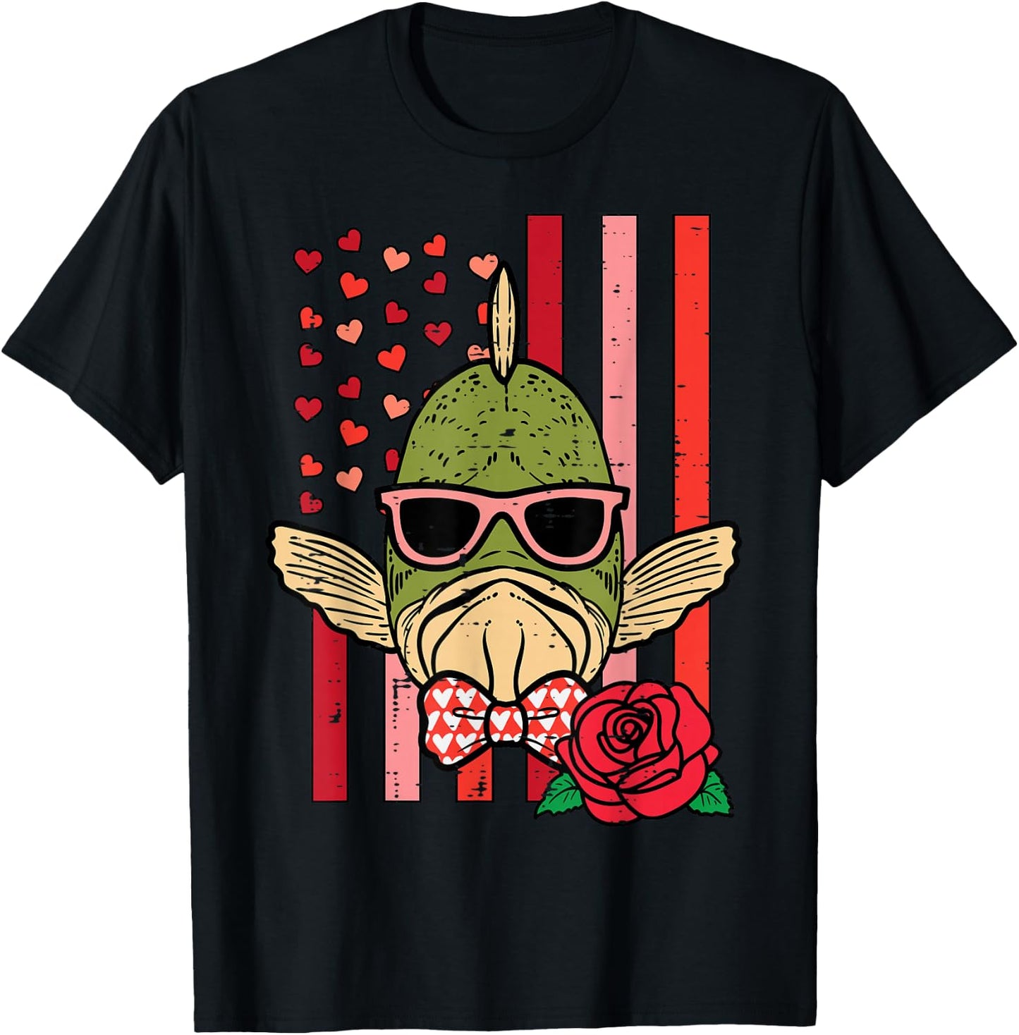 Valentines Day Fish US Flag Patriot Fisherman Men Women Kids T-Shirt - T-Shirt | Black