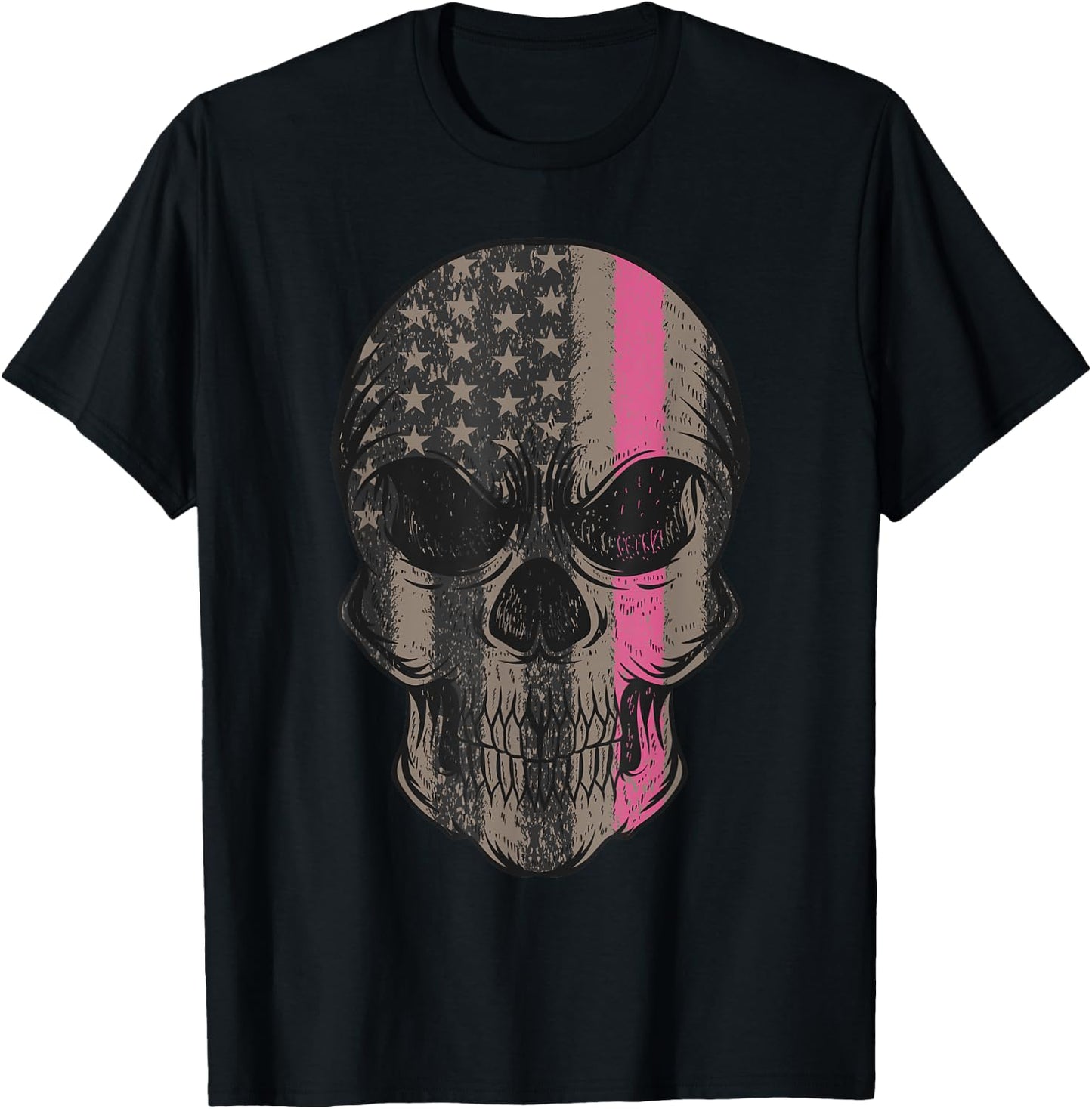 Thin Pink Line Breast Cancer Awareness American Flag Skull Women Men T-Shirt - T-Shirt | Black