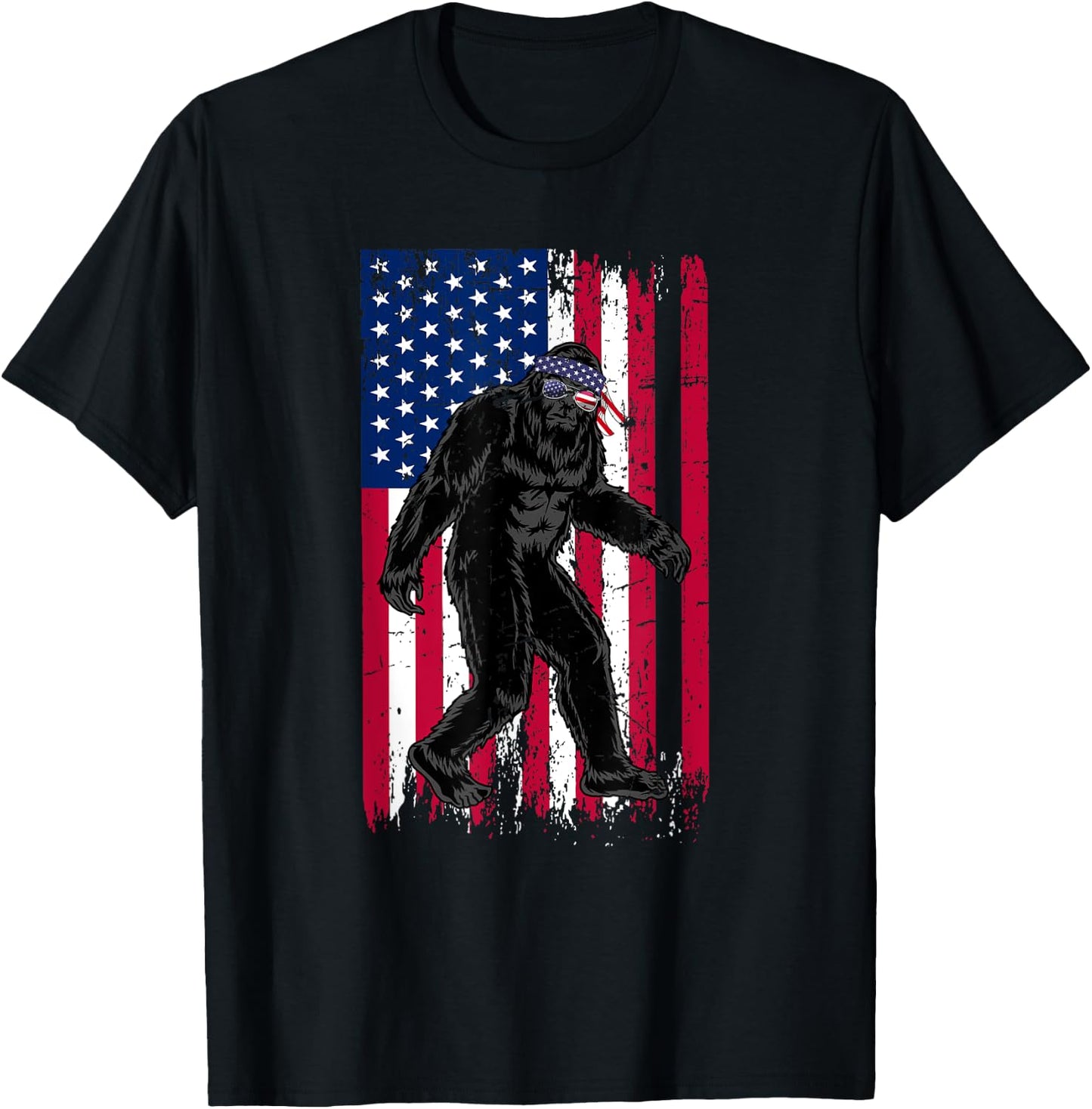 Vintage Bigfoot American Flag Art 4th of July Party T-Shirt - T-Shirt | Black
