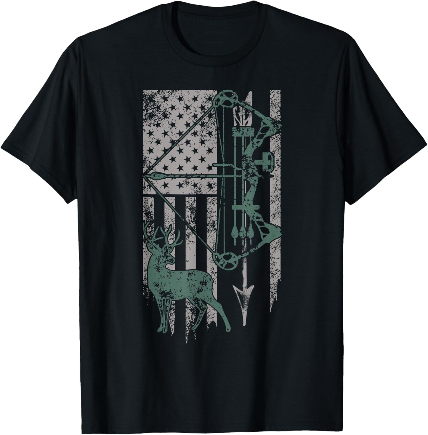 Deer Hunter Bow Vintage Distressed American Flag Patriotic Women Kids Men T-Shirt - T-Shirt | Black
