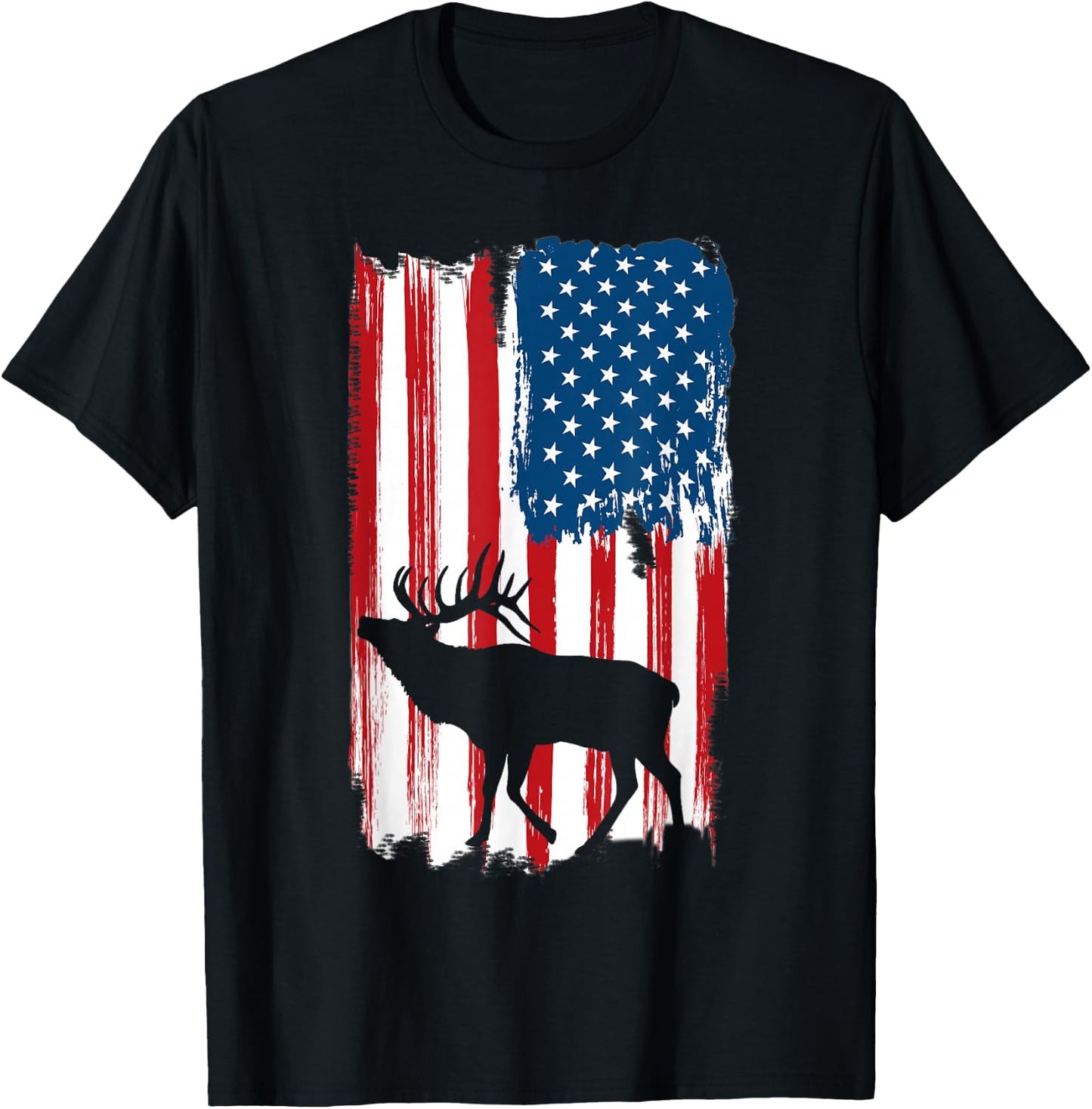 Vintage Patriotic American Flag Elk Hunter Hunting Sportsman T-Shirt - T-Shirt | Black