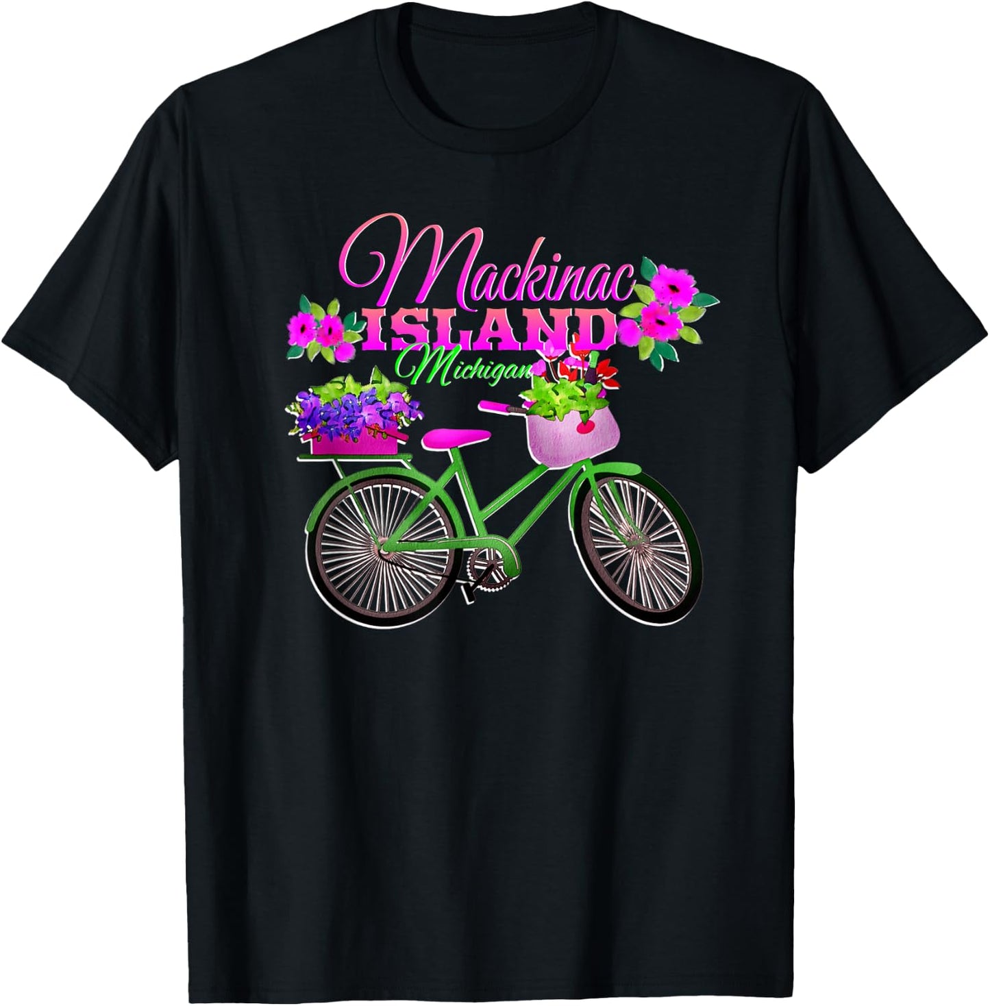 Mackinac Island Michigan Gift Vacation Vintage Bike Flowers T-Shirt - T-Shirt | Black