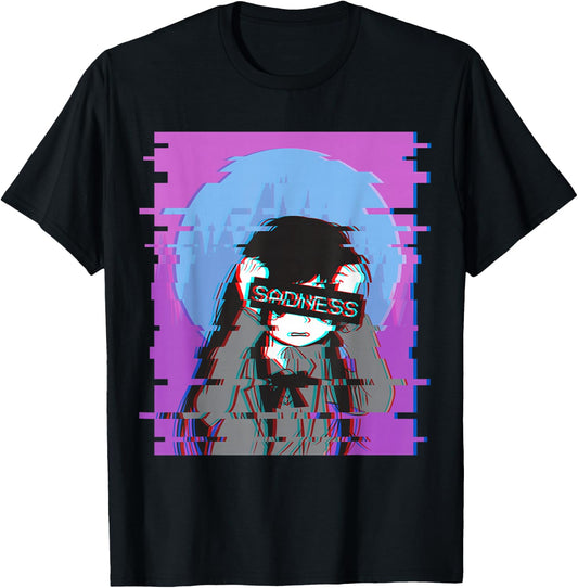 Sad Anime Girl - Japanese Aesthetic Vaporwave Anime Otaku T-Shirt - T-Shirt | Black