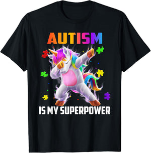 Autism Is My Superpower Dabbing Unicorn Gift Kids Boys Girls T-Shirt - T-Shirt | Black