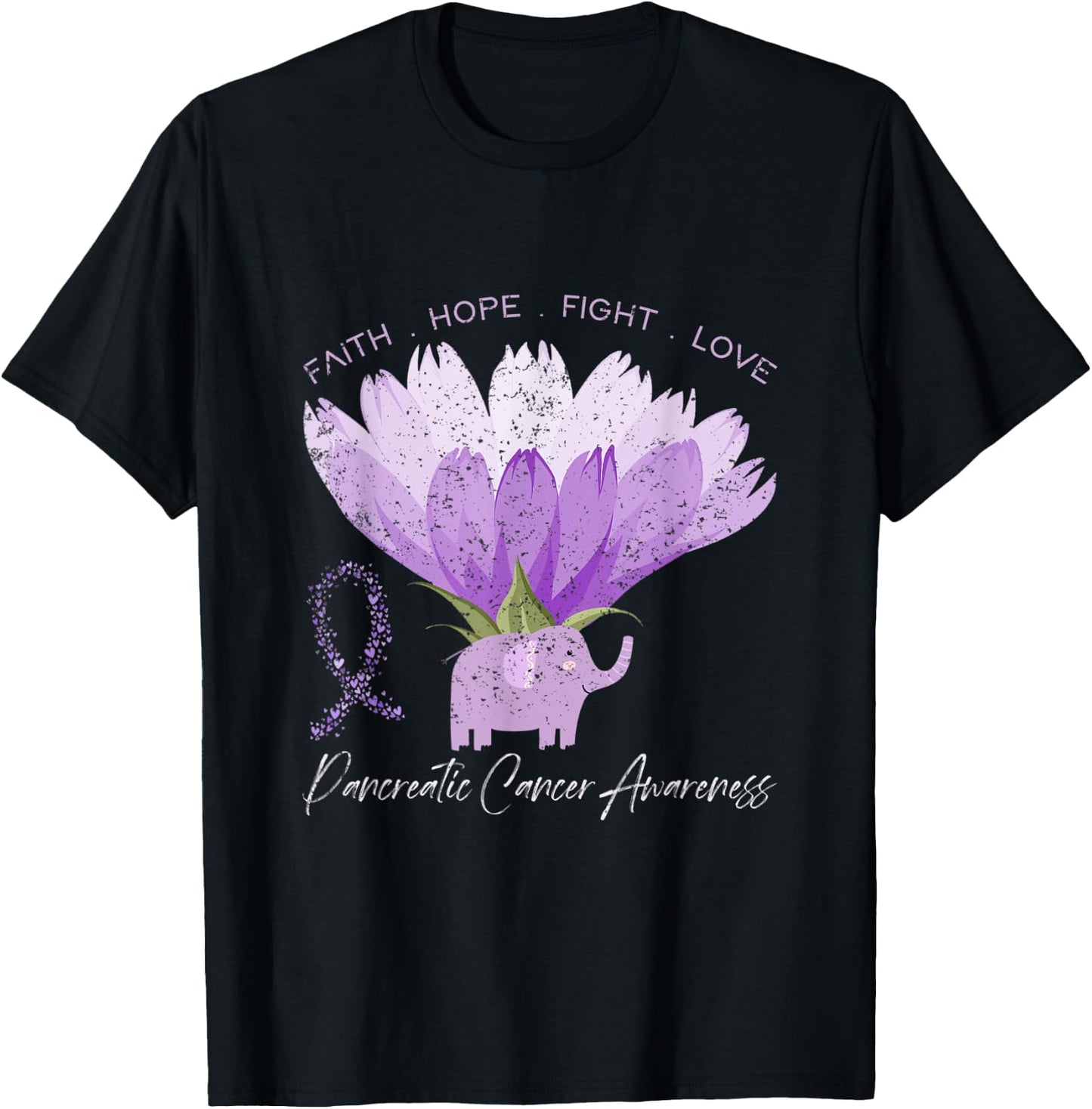 Love Flower Purple Ribbon Pancreatic Cancer Awareness T-Shirt - T-Shirt | Black