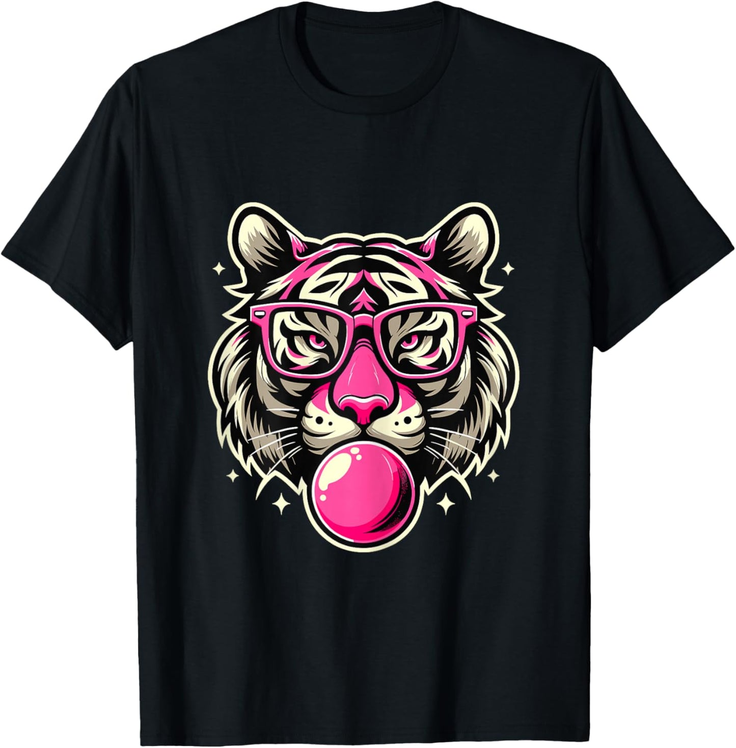 Pink Tiger with Glasses and Bubblegum T-Shirt - T-Shirt | Black