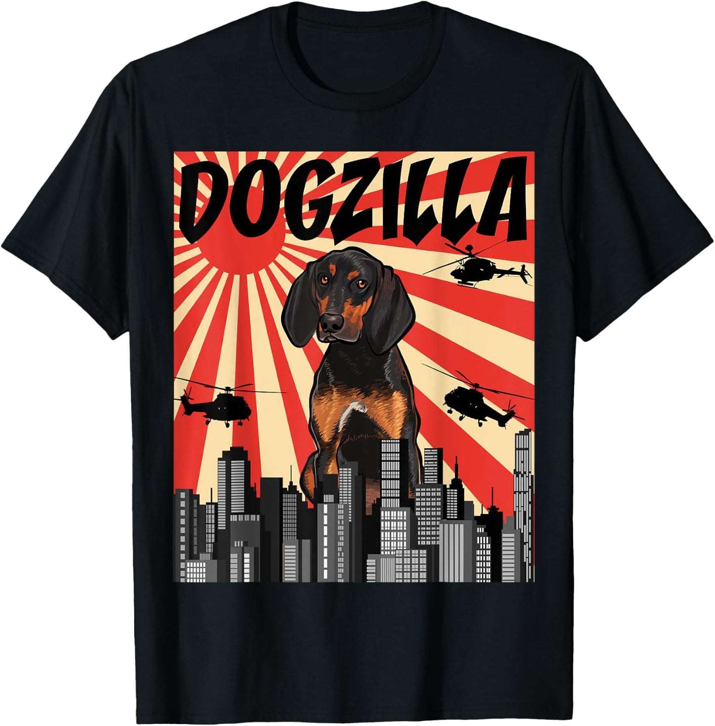 Funny Retro Japanese Dogzilla Black and Tan Coonhound T-Shirt - T-Shirt | Black