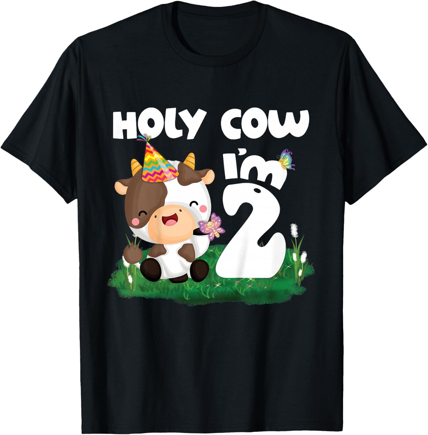 Holy Cow I'm 2 Two Birthday Girl Boy Moo Moo 2nd Birthday T-Shirt - T-Shirt | Black